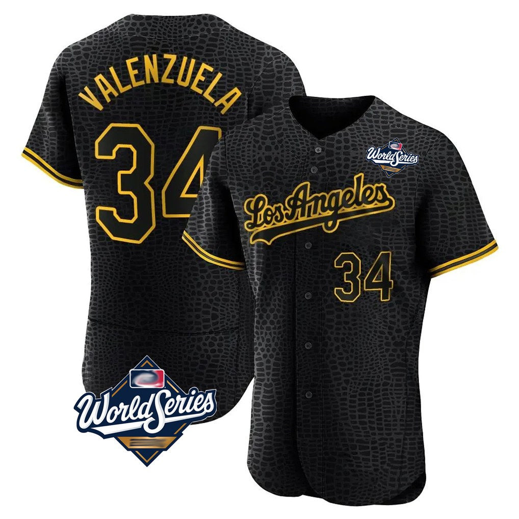 Los Angeles Dodgers #34 Fernando Valenzuela Player Black CONTON World Series Snake Skin City Limited Elite Home Stitched Jerseys