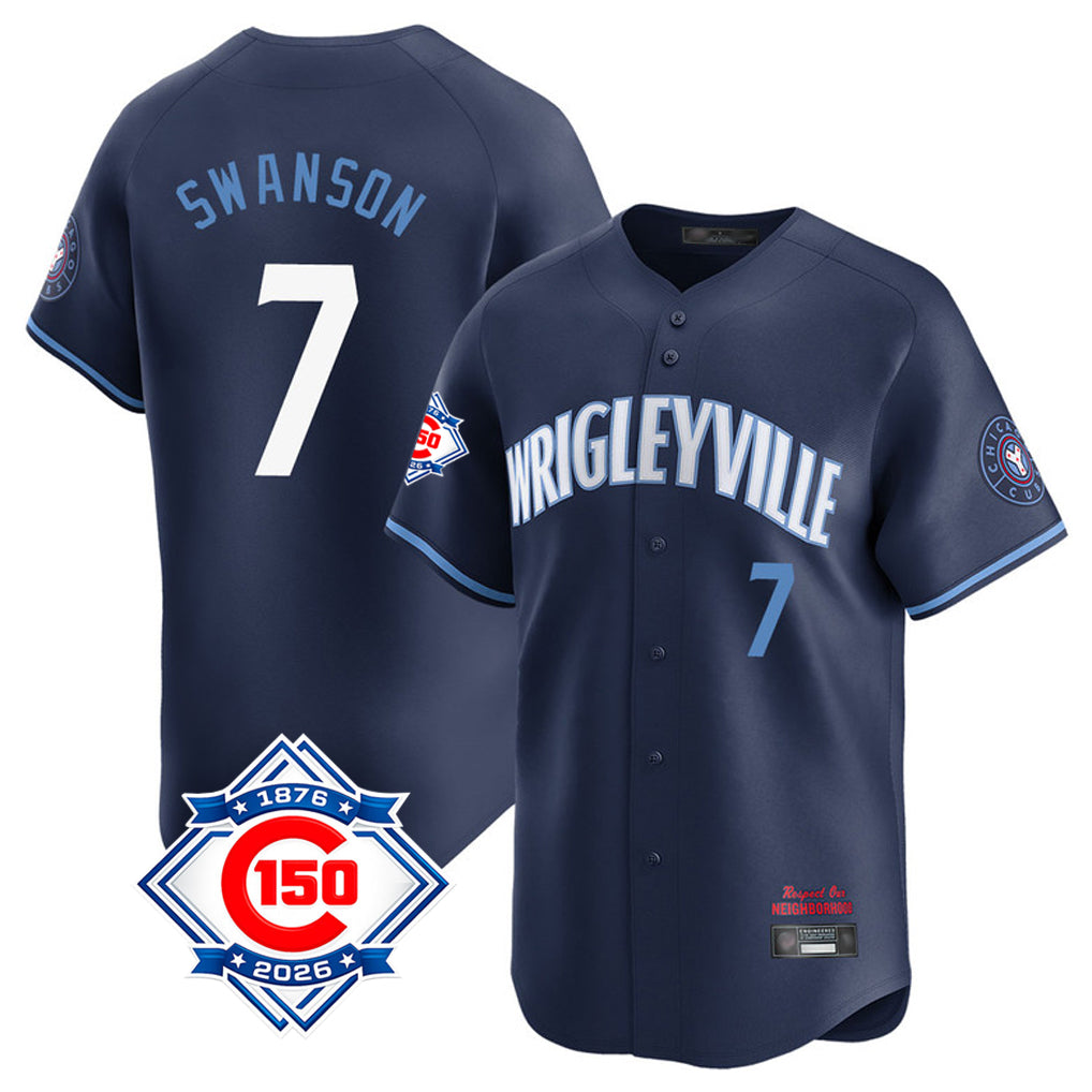 Chicago Cubs #7 Dansby Swanson Player Navy CONTON City Connect 150th Anniversary Limited Home Stitched Jerseys