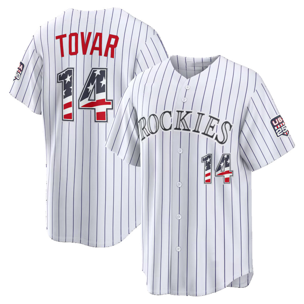 Colorado Rockies #14 Ezequiel Tovar USA 250 Fourth of July Home Stadium Jersey - White CONTON