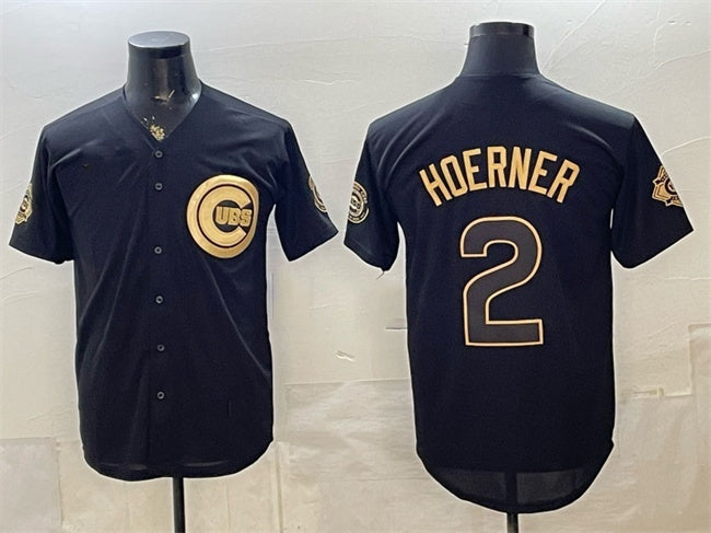 Chicago Cubs #2 Nico Hoerner Black Gold CONTON 150th Anniversary Patch Stitched Jersey