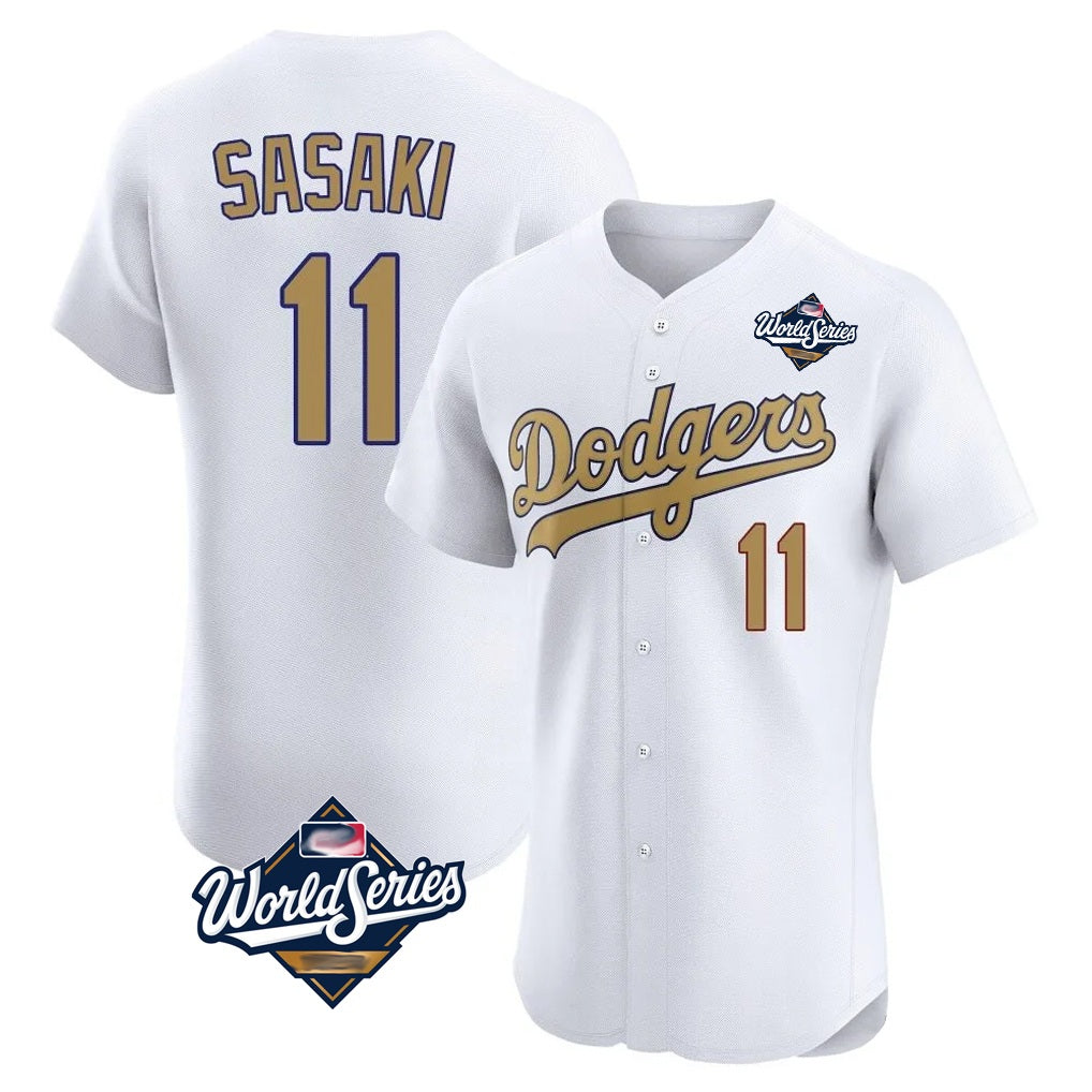 Los Angeles Dodgers #11 Roki Sasaki Player White Gold CONTON World Series Limited Elite Home Stitched Jerseys