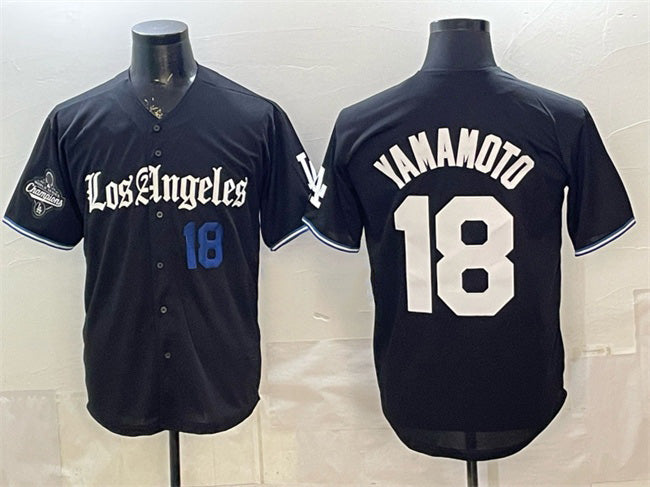 Los Angeles Dodgers #18 Yoshinobu Yamamoto Black CONTON 2025 World Series Champions Patch 'Gothic Edition' Vapor Premier Limited Stitched Jersey