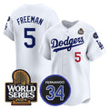 Los Angeles Dodgers #5 Freddie Freeman White CONTON 2024 World Series With Fernando Memorial Patch Limited Stitched Jersey