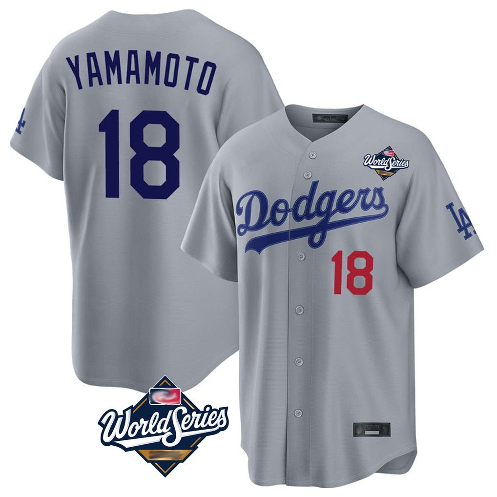 Los Angeles Dodgers #18 Yoshinobu Yamamoto Player Gray CONTON World Series Game Home Stitched Jerseys