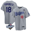 Los Angeles Dodgers #18 Yoshinobu Yamamoto Player Gray CONTON World Series Game Home Stitched Jerseys