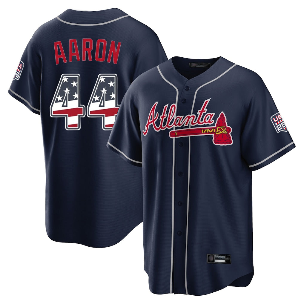 Atlanta Braves #44 Hank Aaron Player Navy CONTON USA 250 Fourth Of July Limited Home Game Stitched Jerseys