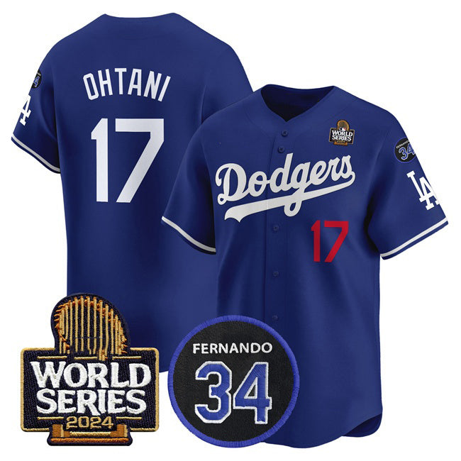 Los Angeles Dodgers #17 Shohei Ohtani Royal CONTON 2024 World Series With Fernando Memorial Patch Limited Stitched Jersey 2