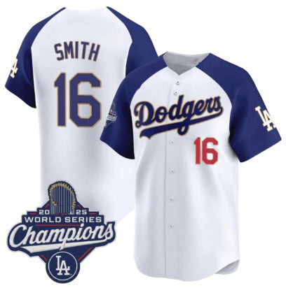 Los Angeles Dodgers #16 Will Smith White Blue CONTON 2025 Champions Stitched Jersey