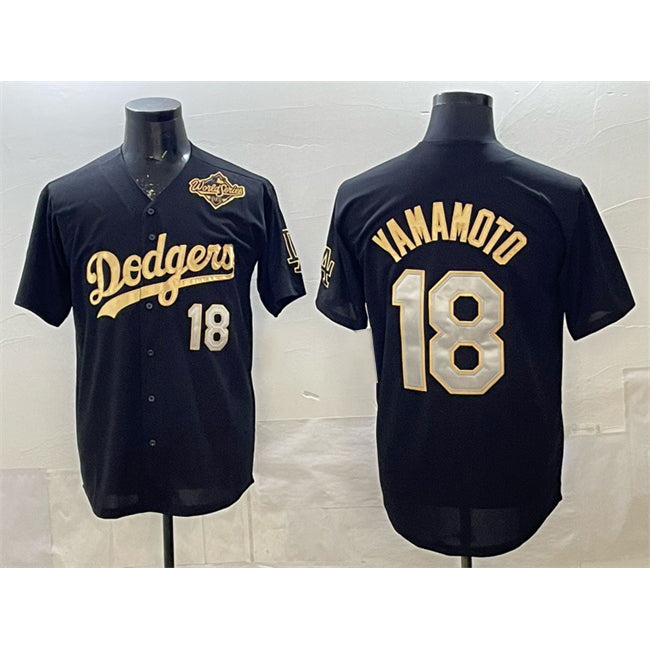 Los Angeles Dodgers #18 Yoshinobu Yamamoto Black Gold CONTON 2025 World Series Patch Limited Stitched Jersey