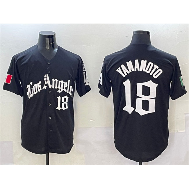 Los Angeles Dodgers #18 Yoshinobu Yamamoto Black CONTON Mexico 2025 LA Gothic Style With Fernando Patch Vapor Premier Limited Stitched Jersey