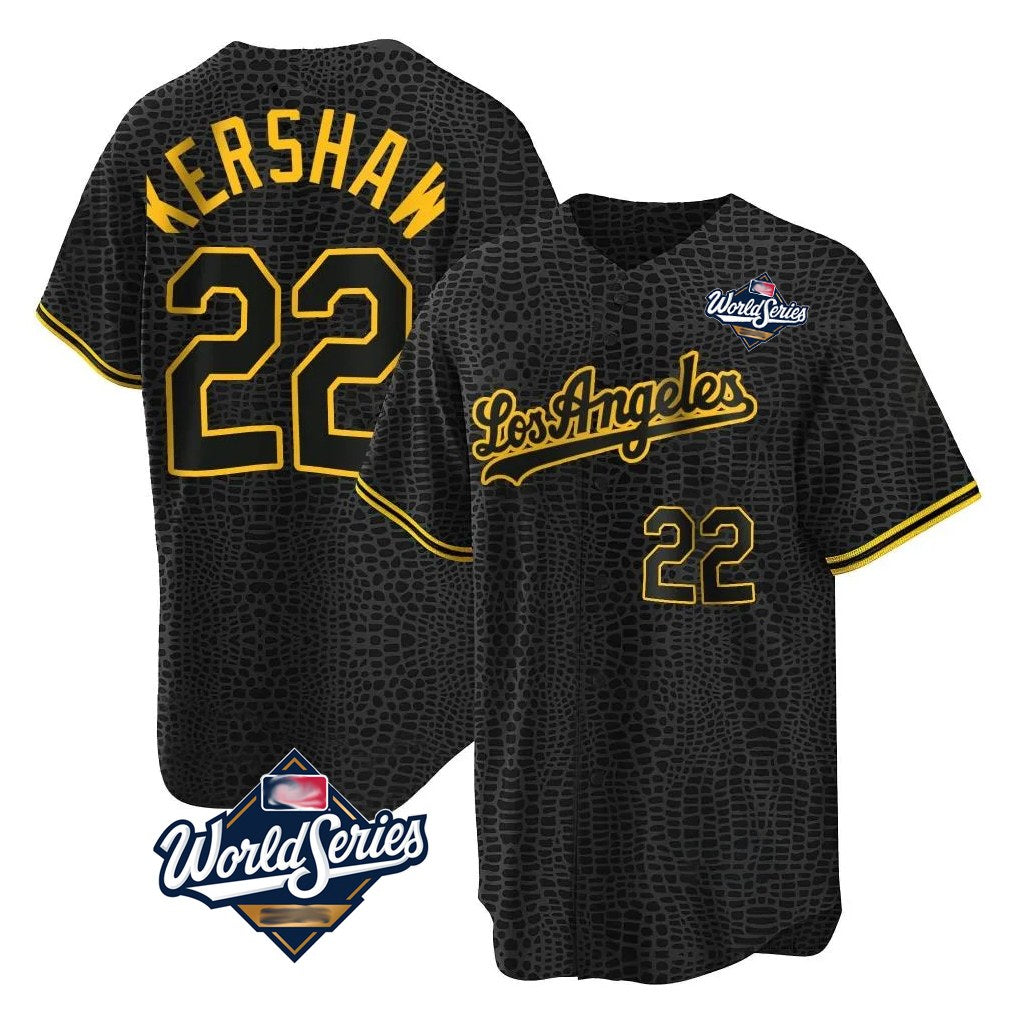 Los Angeles Dodgers #22 Clayton Kershaw Player Black CONTON World Series Snake Skin City Game Home Stitched Jerseys