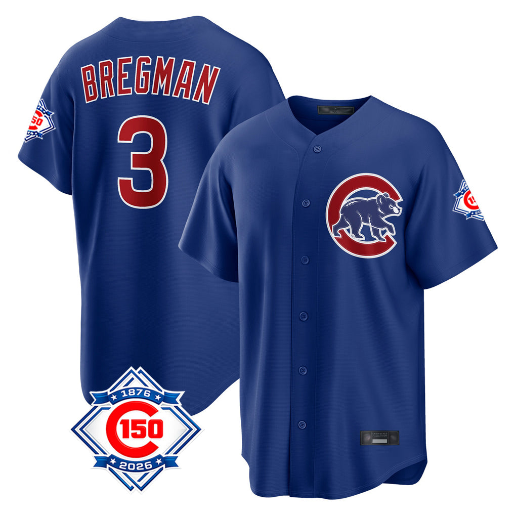 Chicago Cubs #3 Alex Bregman Player Royal CONTON 150th Anniversary Home Game Stitched Jerseys