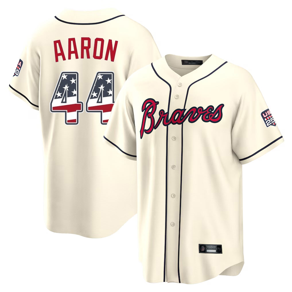 Atlanta Braves #44 Hank Aaron Player Cream CONTON USA 250 Fourth Of July Limited Home Game Stitched Jerseys