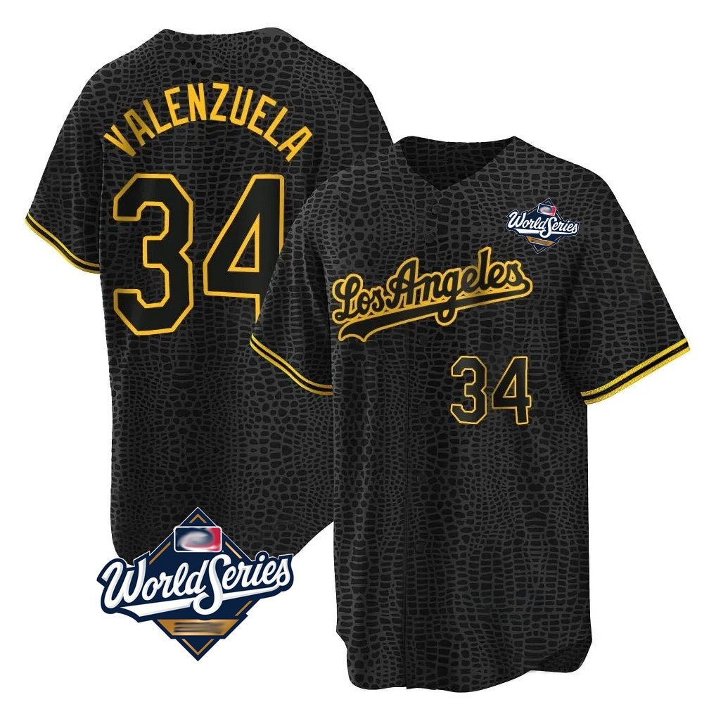 Los Angeles Dodgers #34 Fernando Valenzuela Player Black CONTON World Series Snake Skin City Game Home Stitched Jerseys