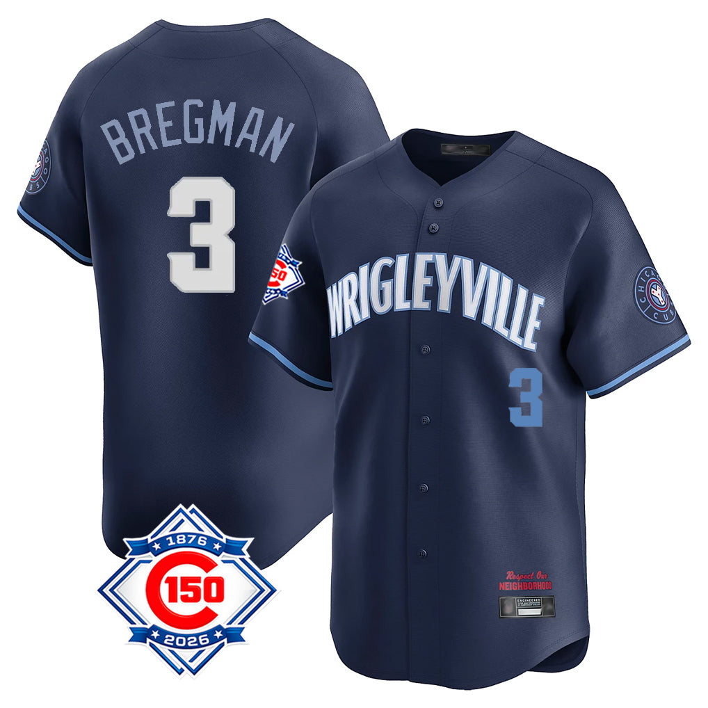 Chicago Cubs #3 Alex Bregman Player Navy CONTON City Connect 150th Anniversary Limited Home Stitched Jerseys