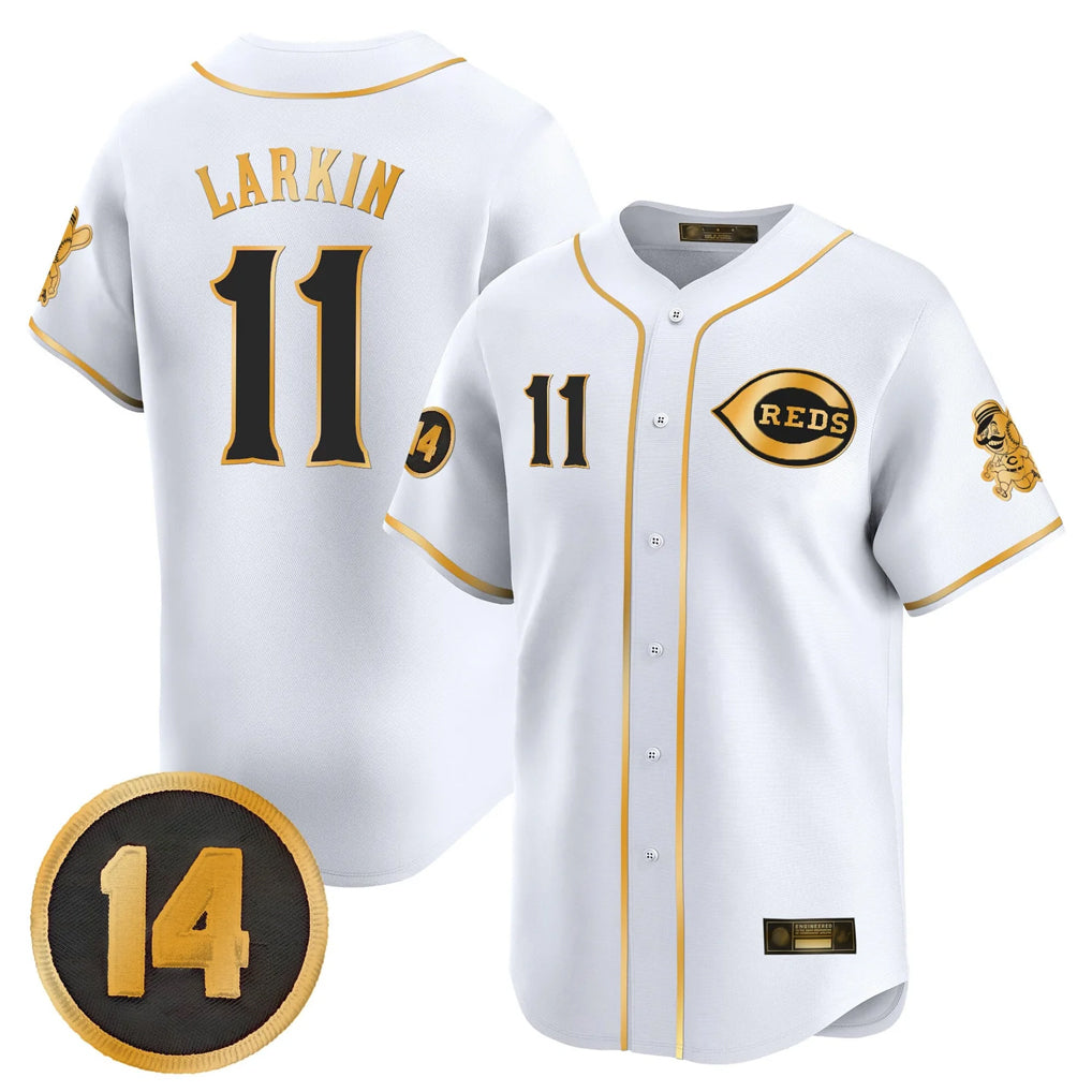 Cincinnati Reds #11 Barry Larkin Player White-Gold CONTON Vapor Premier Limited Home Stitched Jerseys
