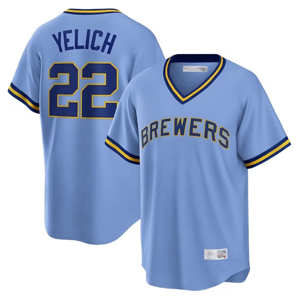 Milwaukee Brewers #22 Christian Yelich Player Light Blue CONTON Cooperstown Collection Game T-shirt Stitched Jerseys