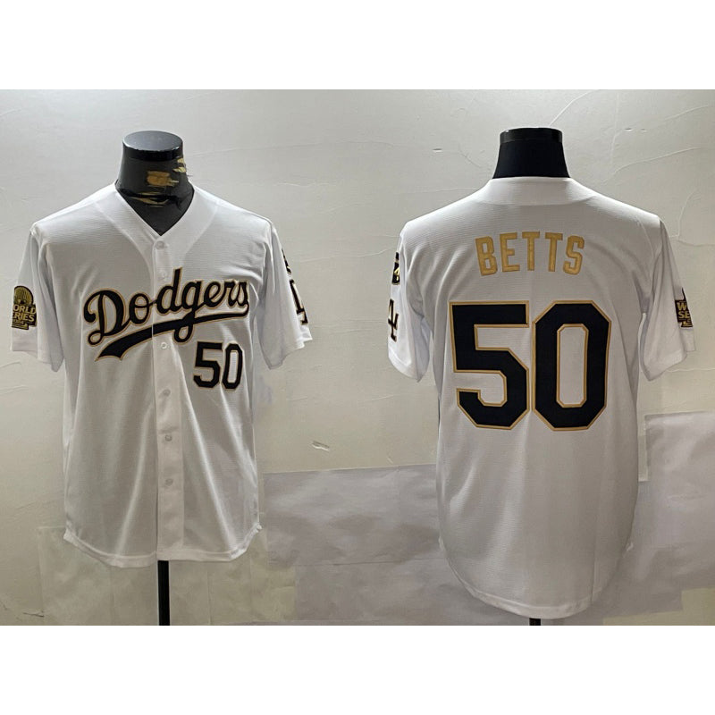 Los Angeles Dodgers #50 mookie betts white gold CONTON 2024 world series with fernando memorial patch limited stitched jersey