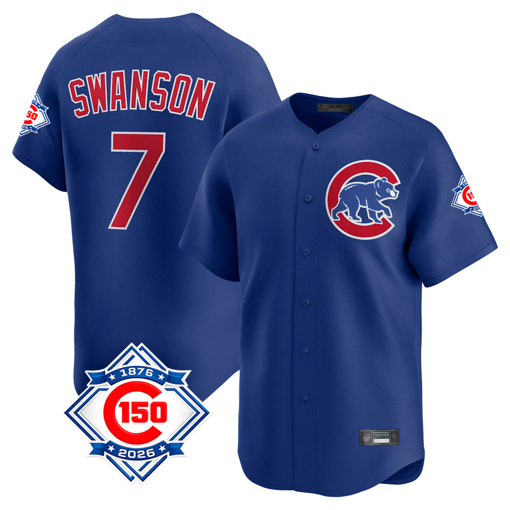 Chicago Cubs #7 Dansby Swanson Player Royal CONTON 150th Anniversary Limited Home Stitched Jerseys