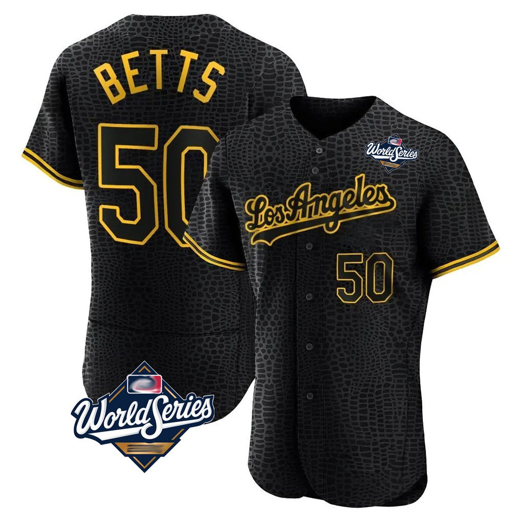 Los Angeles Dodgers #50 Mookie Betts Player Black CONTON World Series Snake Skin City Limited Elite Home Stitched Jerseys