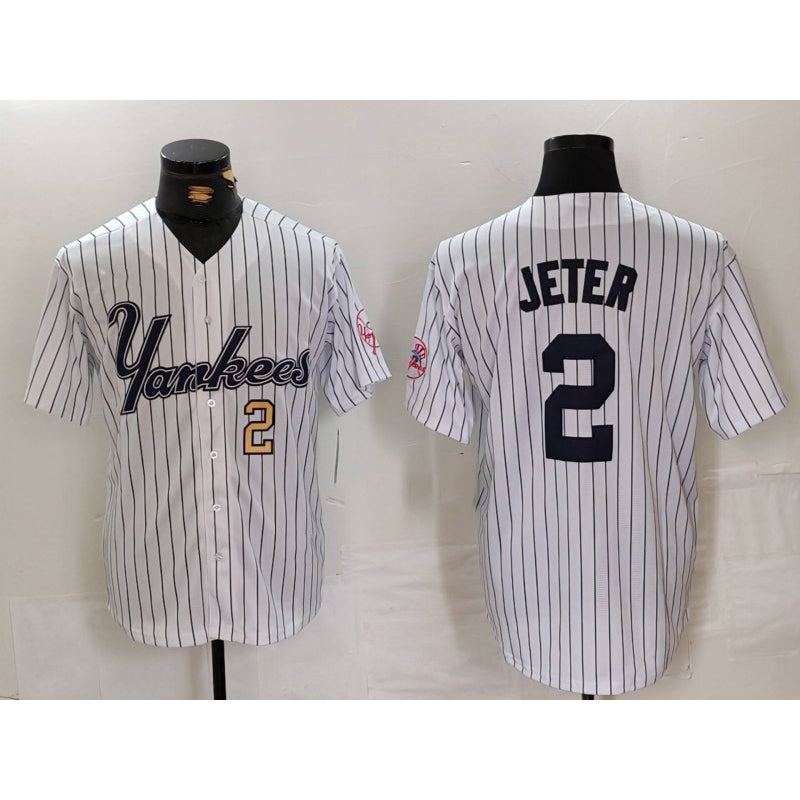 New York Yankees #2 Derek Jeter White CONTON Pinstripe Fashion Cool Base Jerseys 2
