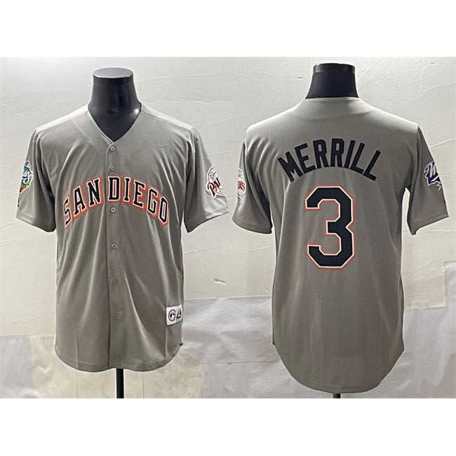 San Diego Padres #3 Jackson Merrill Gray CONTON Fashion Throwback With Patch Cool Base Stitched Jersey