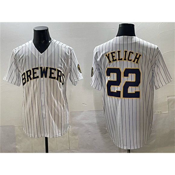 Milwaukee Brewers #22 Christian Yelich White CONTON Pinstripe 2025 With Patch Stitched Jersey