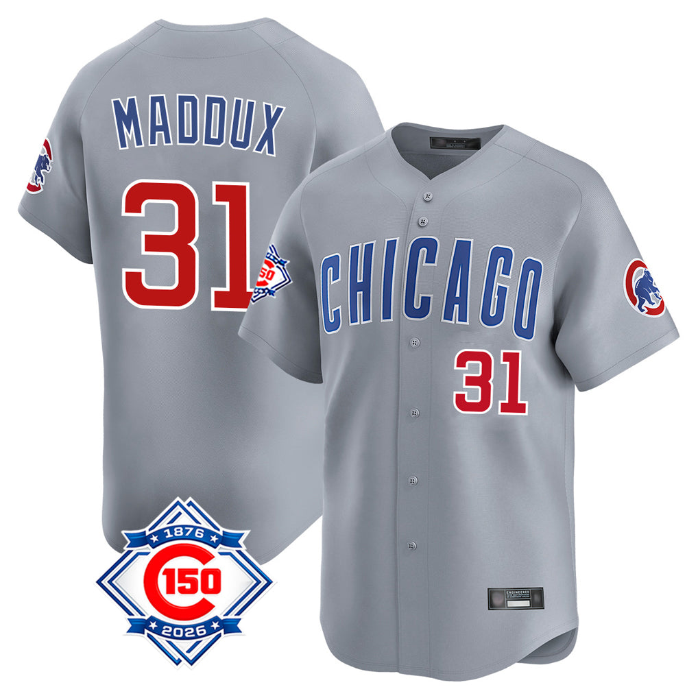 Chicago Cubs #31 Greg Maddux Player Gray CONTON Road 150th Anniversary Limited Home Stitched Jerseys