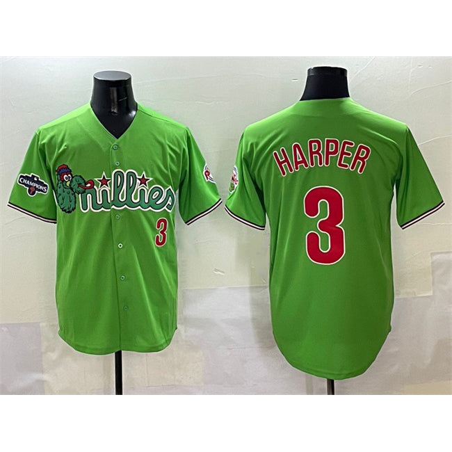 Philadelphia Phillies #3 Bryce Harper Light Green CONTON Phanatic With 2024 Division Champions Patch Limited Stitched Jersey