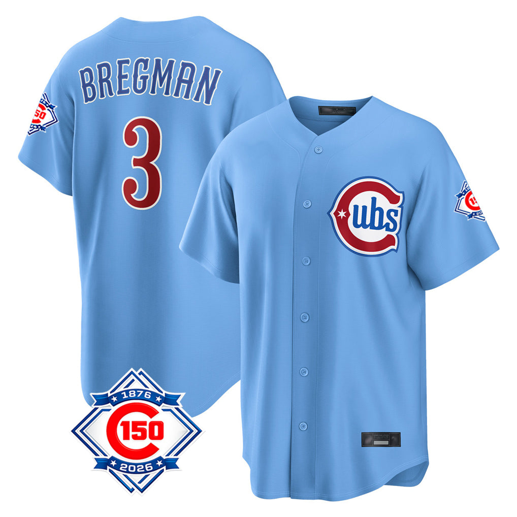 Chicago Cubs #3 Alex Bregman Player Light Blue CONTON 150th Anniversary Home Game Stitched Jerseys