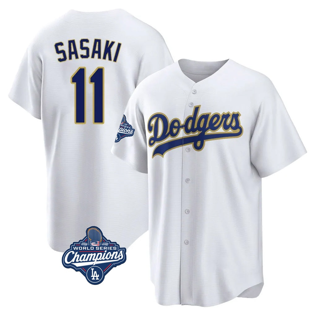 Los Angeles Dodgers #11 Roki Sasaki Player White Gold CONTON World Series Meet White 2026 Collection Stadium Game Stitched Jerseys