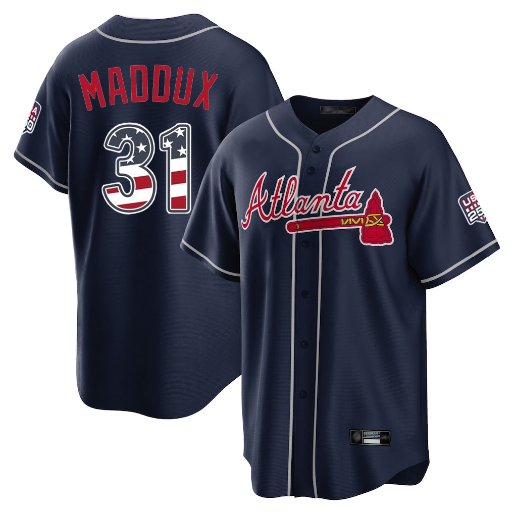 Atlanta Braves #31 Greg Maddux Player Navy CONTON USA 250 Fourth Of July Limited Home Game Stitched Jerseys