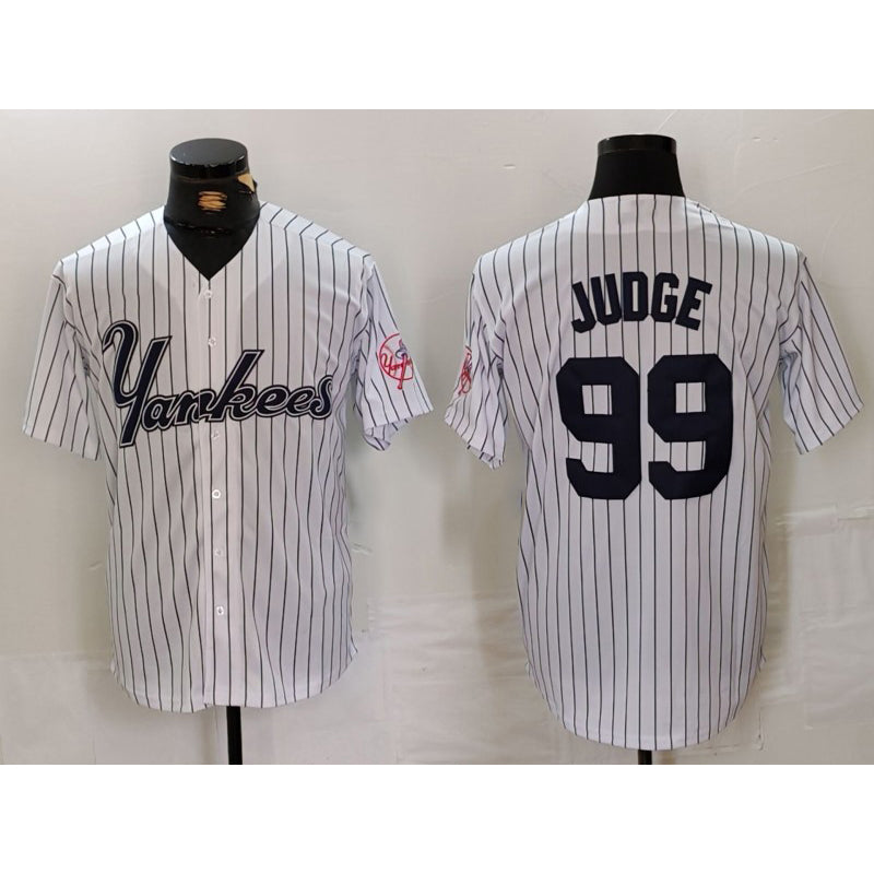 New York Yankees #99 Aaron Judge White CONTON Pinstripe Fashion Cool Base Jersey 3