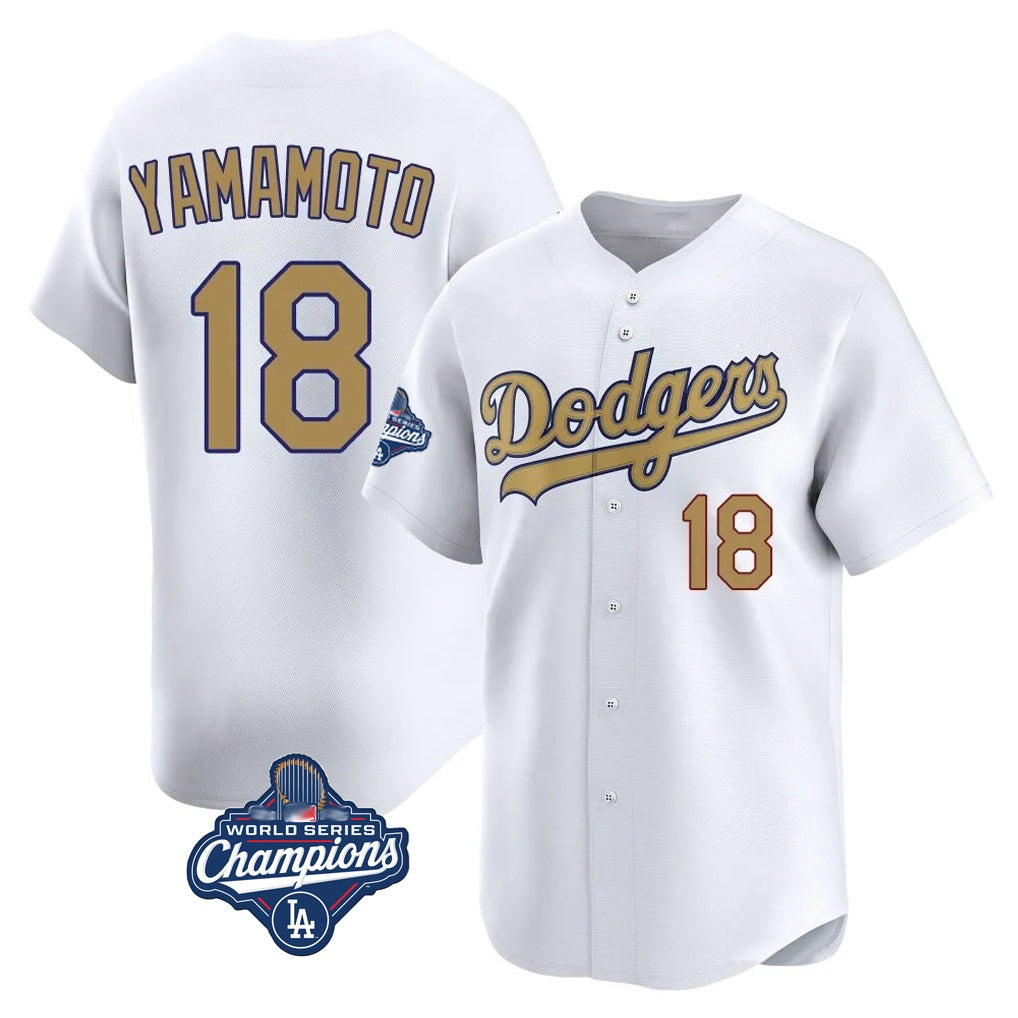 Los Angeles Dodgers #18 Yoshinobu Yamamoto Player White Gold CONTON World Series Meet Collection Limited Home Stitched Jerseys