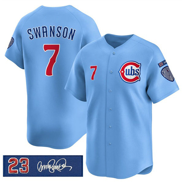 Chicago Cubs #7 Dansby Swanson Blue CONTON 'Ryne Sandberg Tribute' Vapor Limited V3 Stitched Jersey