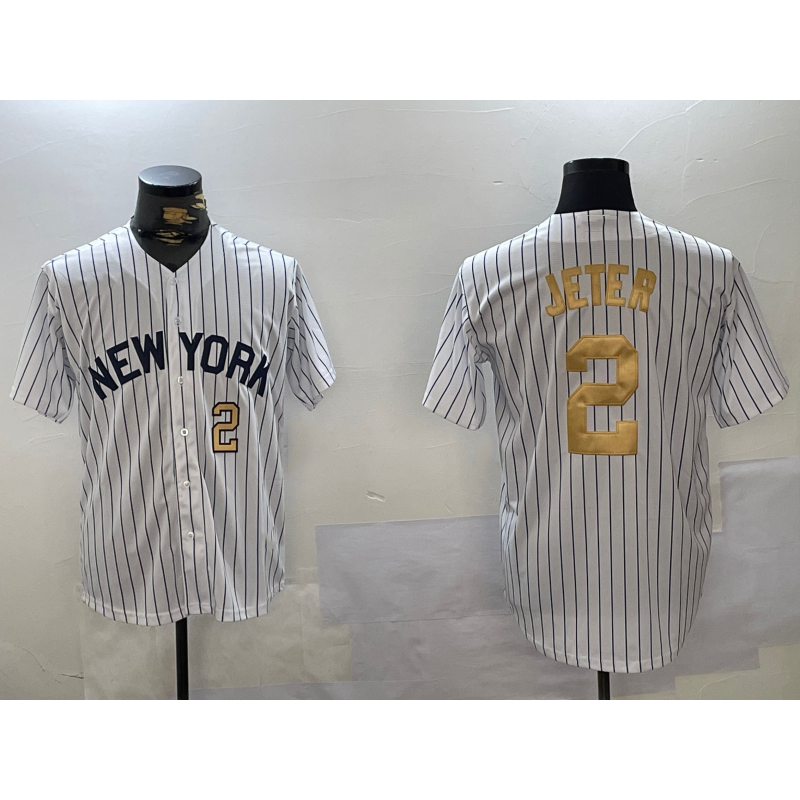 New York Yankees #2 Derek Jeter White CONTON Pinstripe Fashion Cool Base Jerseys