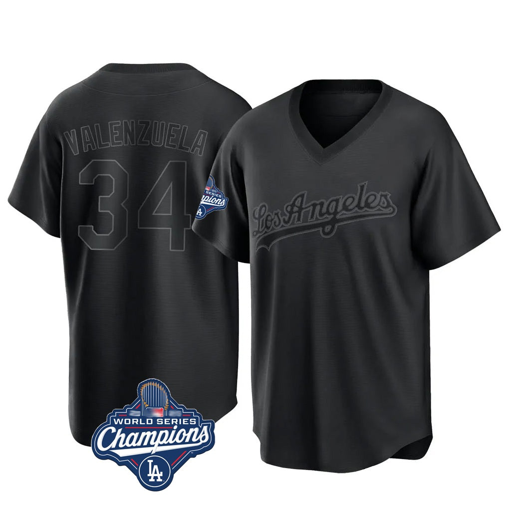 Los Angeles Dodgers #34 Fernando Valenzuela Player Black CONTON World Series Meet Pitch Fashion T-shirt Stitched Jerseys