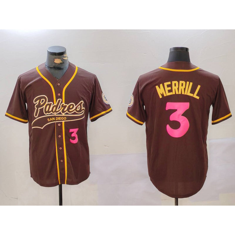 San Diego Padres #3 Jackson Merrill Brown CONTON Cool Base Stitched Jersey 2