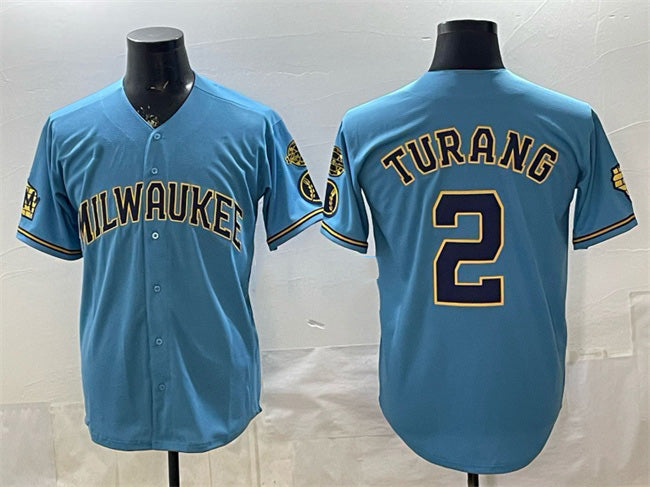 Milwaukee Brewers #2 Brice Turang Blue CONTON With Home & Bob Uecker Patch Stitched Jersey