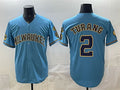 Milwaukee Brewers #2 Brice Turang Blue CONTON With Home & Bob Uecker Patch Stitched Jersey