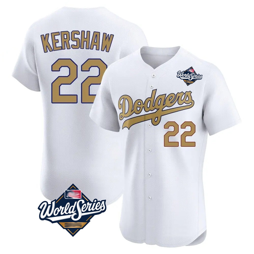 Los Angeles Dodgers #22 Clayton Kershaw Player White Gold CONTON World Series Limited Elite Home Stitched Jerseys