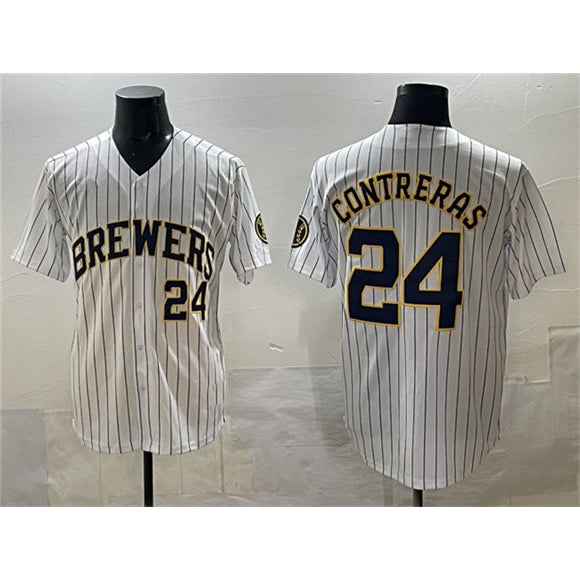 Milwaukee Brewers #24 William Contreras White CONTON Pinstripe 2025 With Patch Stitched Stitched Jersey