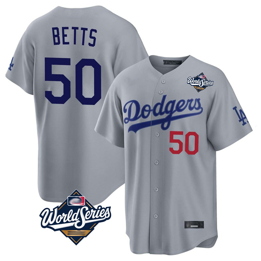 Los Angeles Dodgers #50 Mookie Betts Player Gray CONTON World Series Game Home Stitched Jerseys