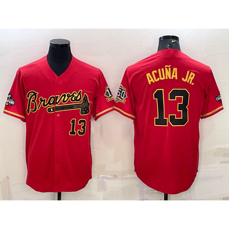 Atlanta Braves #13 Ronald Acuna Jr Red Gold CONTON World Series Champions Program Cool Base Stitched Jersey