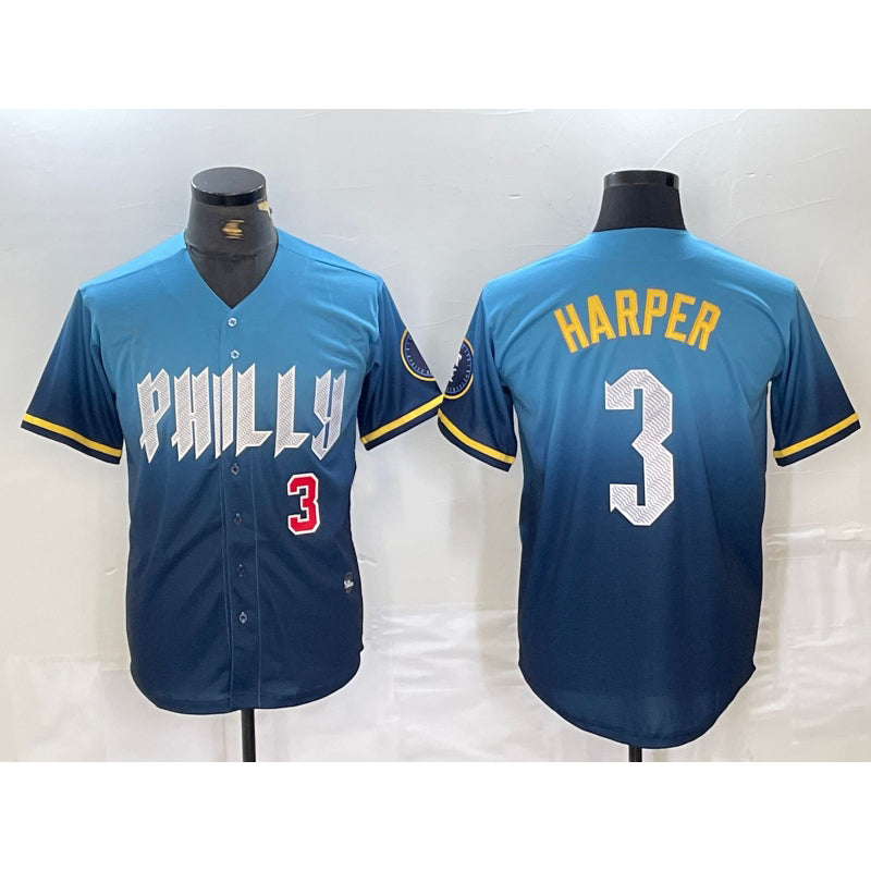 Philadelphia Phillies #3 Bryce Harper Number Blue CONTON 2024 City Connect Limited Stitched Jersey 2