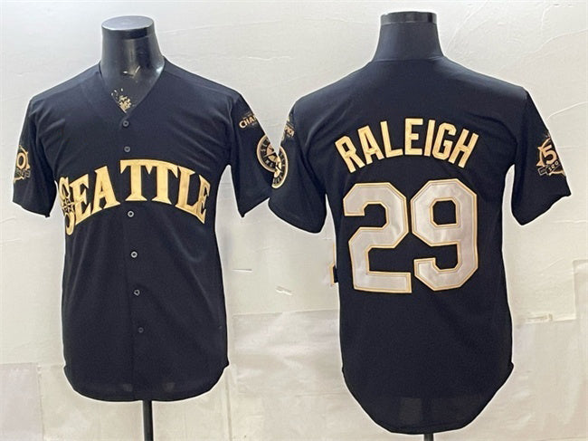 Seattle Mariners #29 Cal Raleigh Black Gold CONTON 50th Anniversary & AL West Division Champions Patch Vapor Limited Stitched ersey