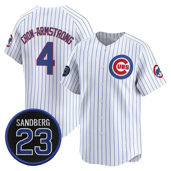 Chicago Cubs #4 Pete Crow-Armstrong White CONTON Pinstripe 'Ryne Sandberg Tribute' Vapor Limited V2 Stitched Jersey