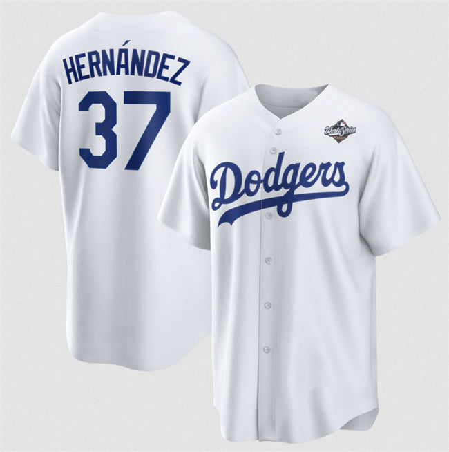 Los Angeles Dodgers #37 Teoscar Hern¨¢ndez White CONTON 2025 World Series Home Cool Base Stitched Jersey