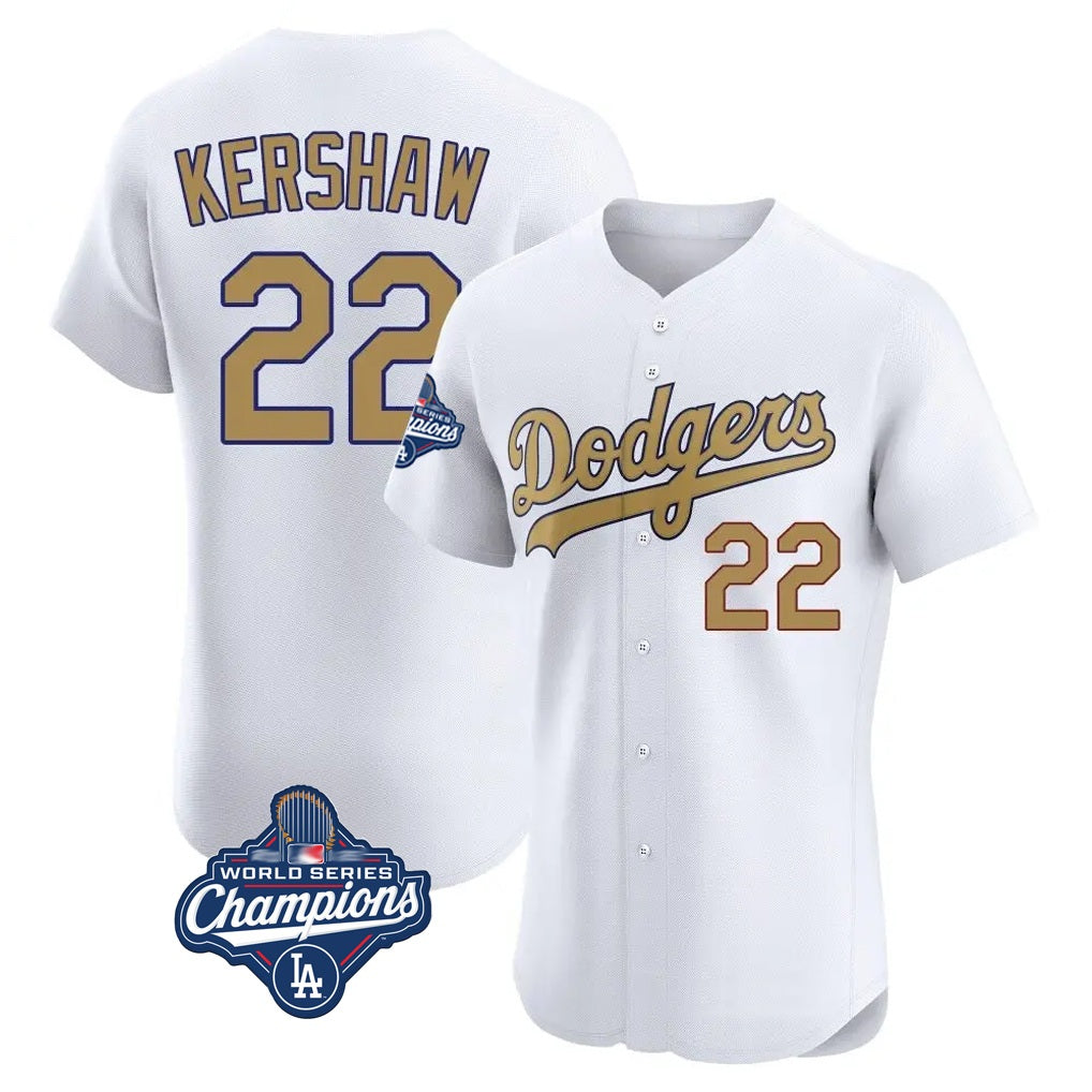 Los Angeles Dodgers #22 Clayton Kershaw Player White Gold CONTON World Series Meet Limited Elite Home Stitched Jerseys