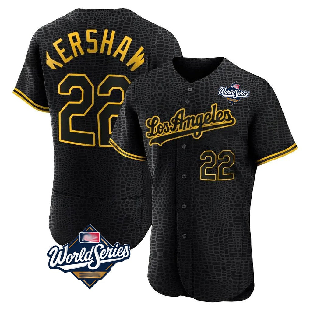 Los Angeles Dodgers #22 Clayton Kershaw Player Black CONTON World Series Snake Skin City Limited Elite Home Stitched Jerseys